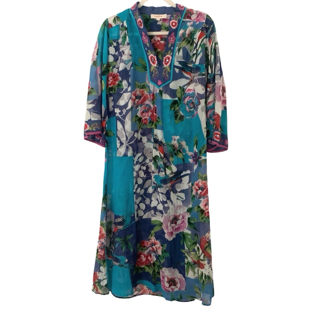 Derhy Blue Small Floral Print Embroidered Beaded Sheer Bohemian Kaftan Dress